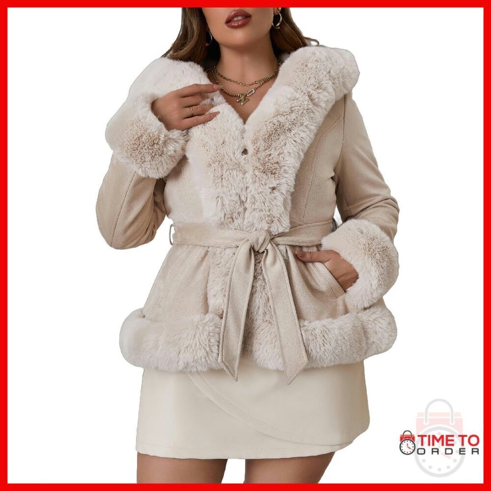 Plus Size Faux Suede Hooded Jacket Fleece Lined Belted Winter Coat